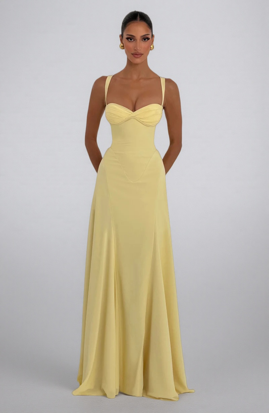 Buttery Yellow Satin Sweetheart Maxi Gown