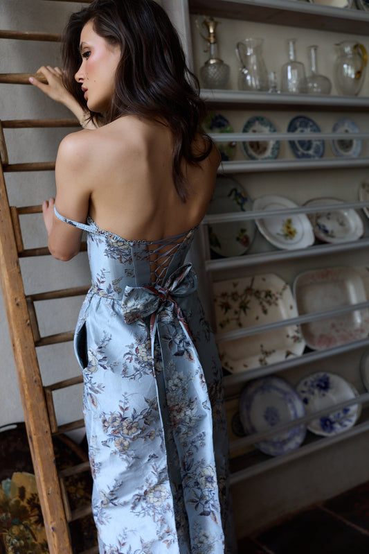 The Cheryl Dress in Light Blue Lilibet Brocade