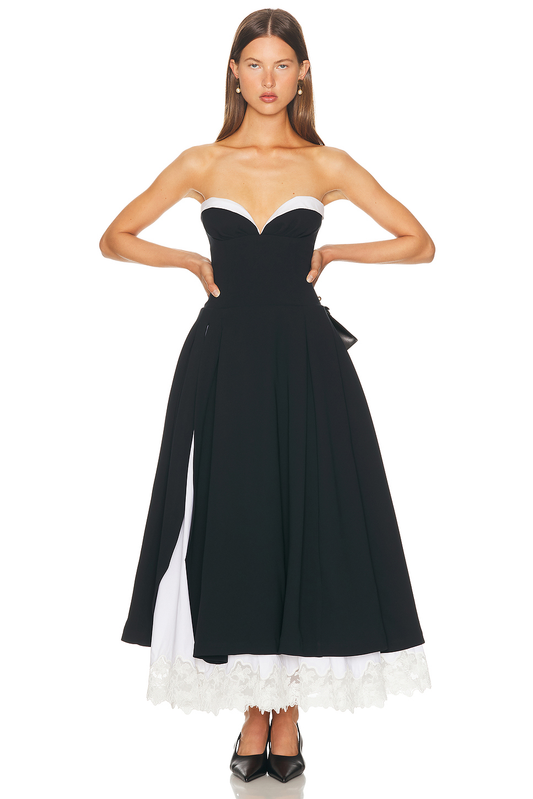 Black & White Contrast Strapless Midi Dress