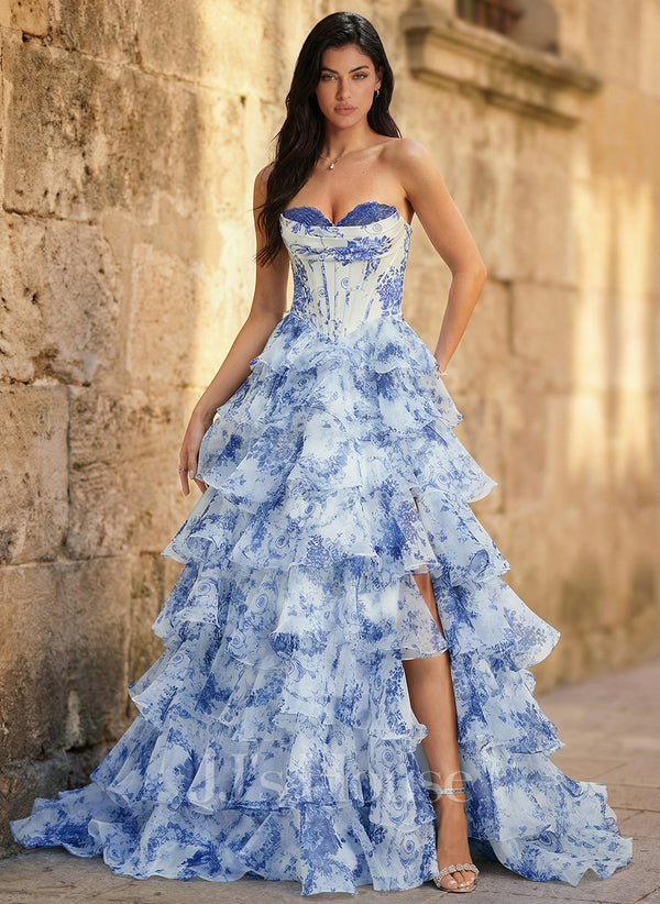 Women's Blue Porcelain Print Strapless Corset Ruffle Maxi Dress - High Slit Formal Gown