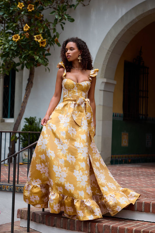 The Veronica Dress in Gold Baroque Floral