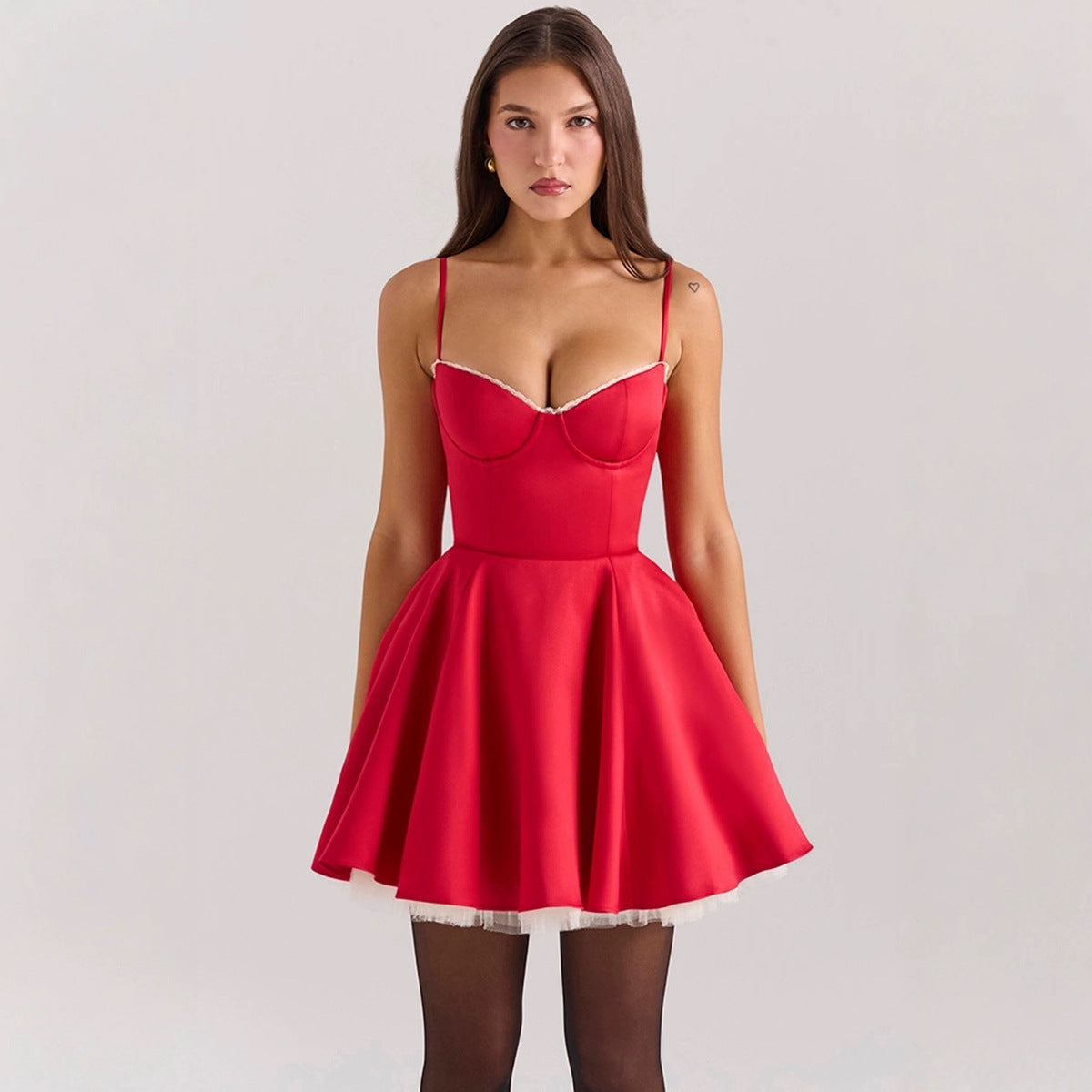 New Sweet Cute Style Fishbone Cinched Mesh Black Camisole Lace Puff Short Dress