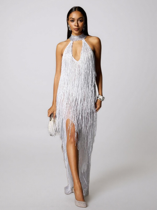 White Fringe Halter Neck Maxi Dress