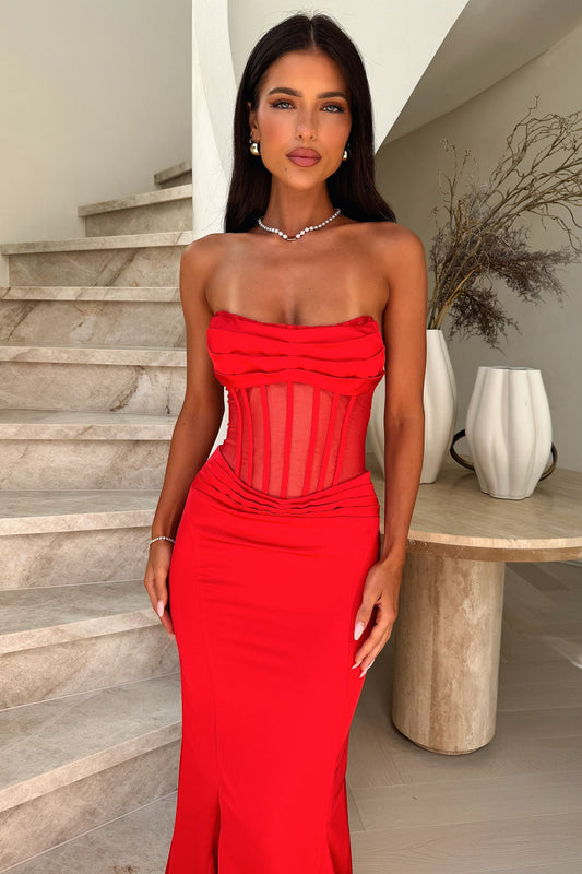 Aderyn Satin Corset Maxi Dress - Red