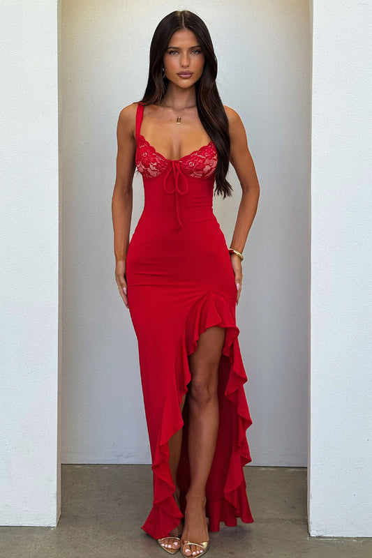 Adorn Lace Bust Maxi Dress - Red
