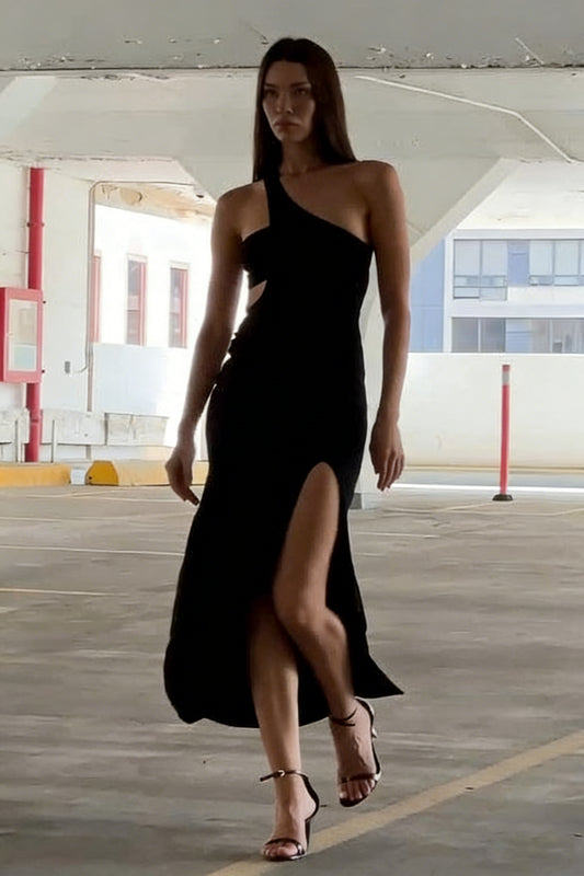 Elegant Black One-Shoulder Cutout Slit Drapey Maxi Dress