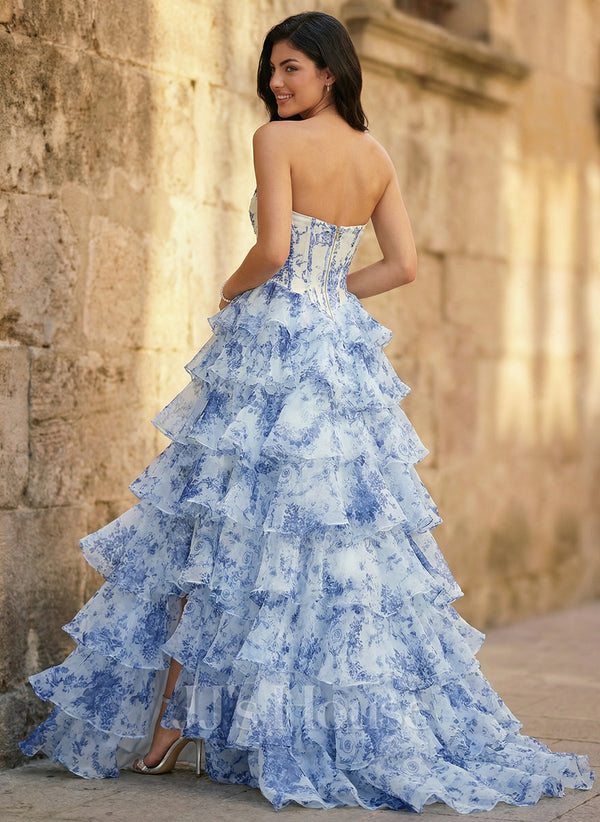 Women's Blue Porcelain Print Strapless Corset Ruffle Maxi Dress - High Slit Formal Gown