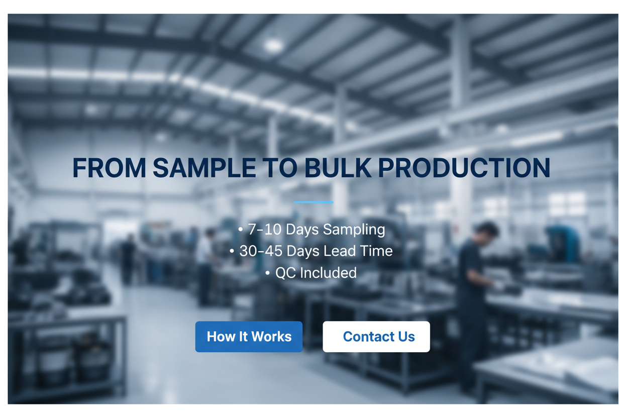 H1: From Sample to Bulk Production

Sub: 7–10 Days Sampling • 30–45 Days Lead Time • QC Included

Buttons: How It Works / Contact Us