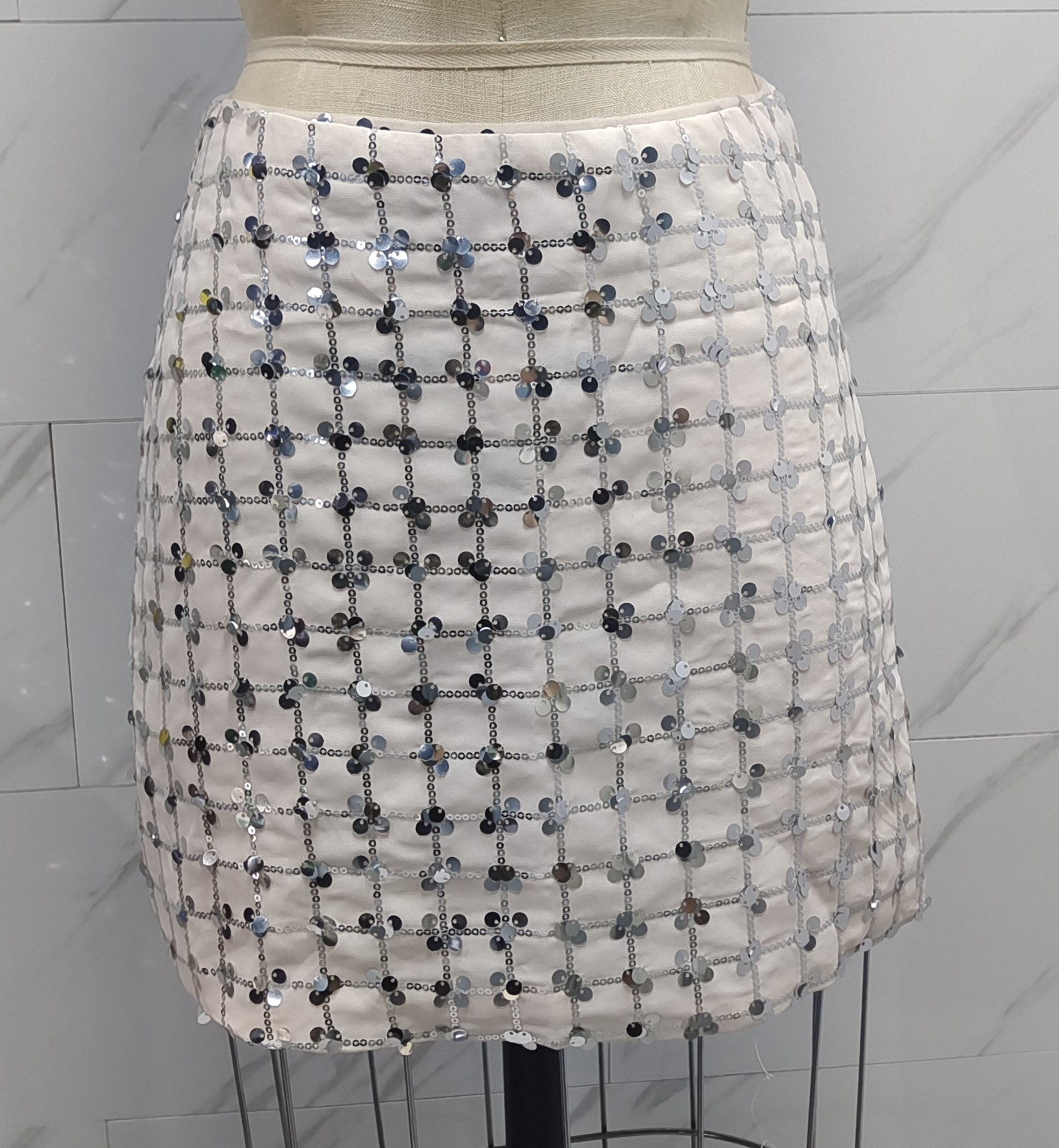 White Sequin Grid Mini Skirt
